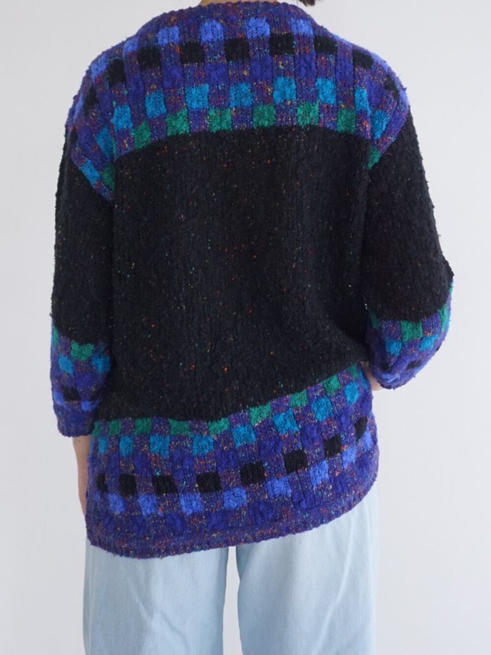 Vintage Black Knit Check Boucle Speckled Pocket Tunic Retro Shapes Sweater M - Picture 2 of 9